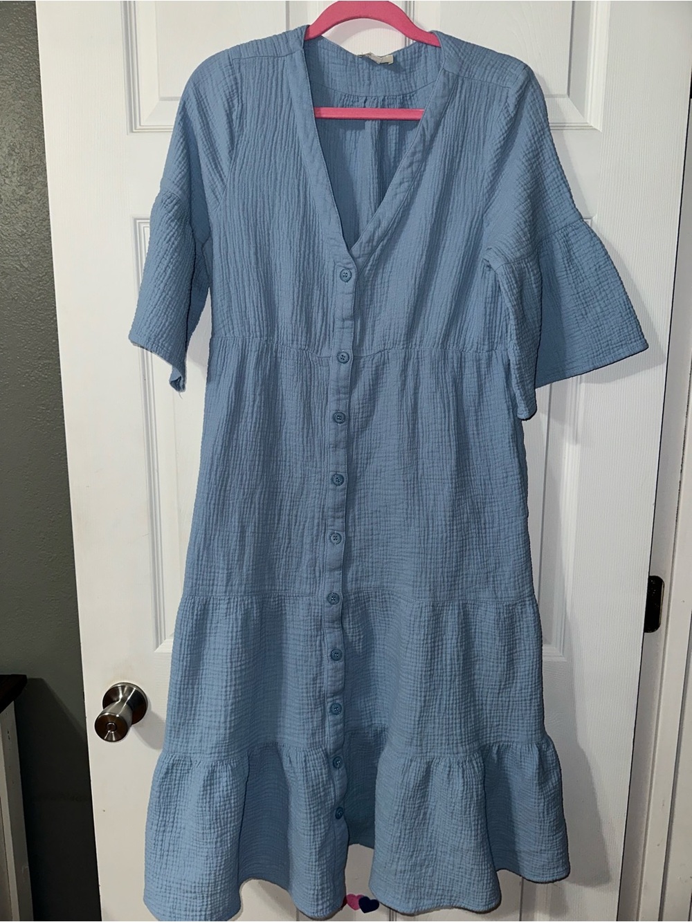 Light Blue Button-Front Cotton Midi Dress - Picture 1 of 2
